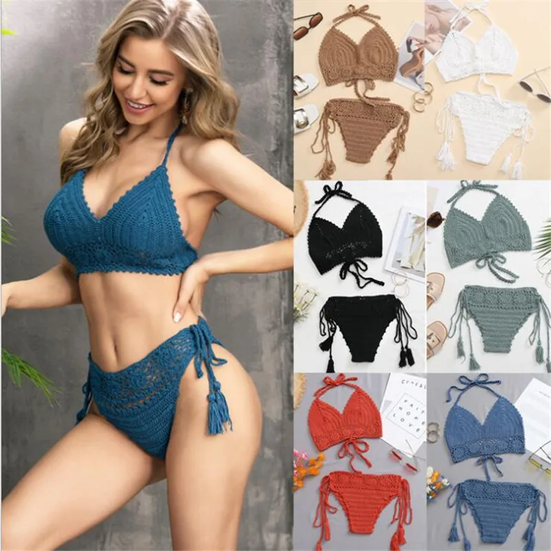 2021 New High Waist Two Pieces Bikini Set Crochet Swimsuit Female Women Beachwear Swimwear Bather Side Tied Lace Up Bathing Suit