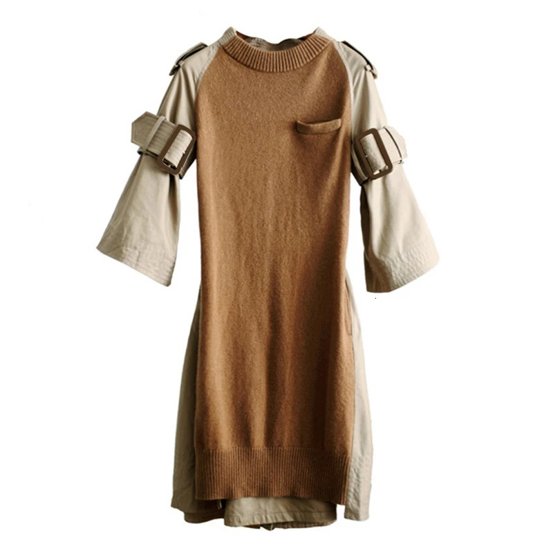 TWOTWINSTYLE-Patchwork-Knitting-Dress-For-Women-With-Sashes-High-Waist-Flare-Sleeve-Split-O-Neck-Midi (4)