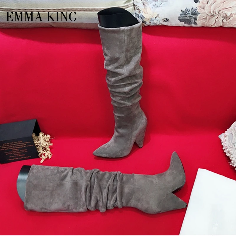 

Women Sexy Suede Leather Boots Knee High Spike Heels Thigh High Boots Female Autumn Winter Shoes Woman Zapatos De Mujer Size 43