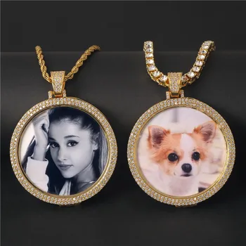 

Custom Photo frame Necklace Copper Memory Medallions Double Layers Zircon Pendant &Necklace With Tennis Chain Hip Hop Jewelry
