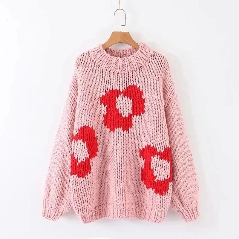 Sweet Kawaii Pink Flower Sweaters Women Winter Luxury Handmade Pullover Coarse Knitted Jumper Girls Vintage Lazy Sweaters