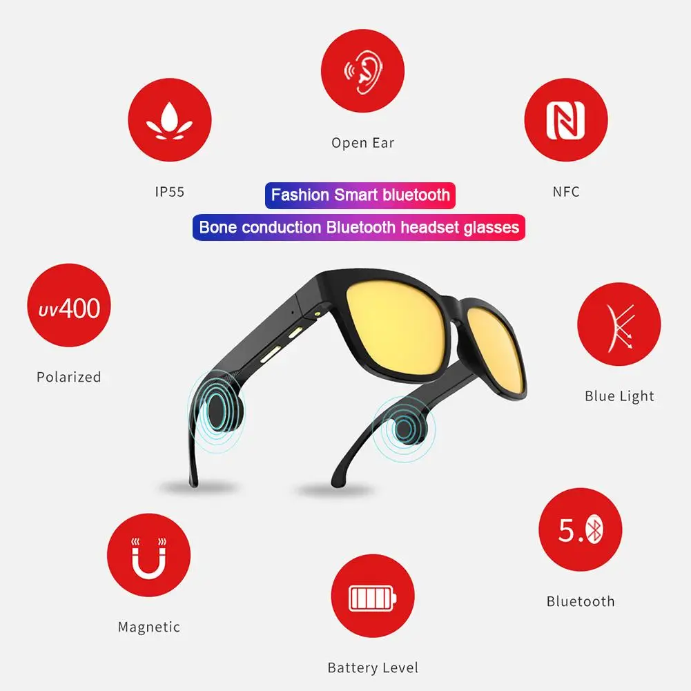 Мужские квадратные костные проводящие очки женские аудио Bluetooth солнцезащитные очки гарнитура для путешествий на открытом воздухе - Цвет: Black