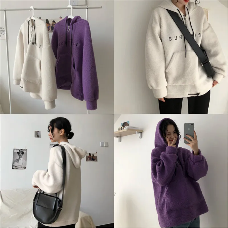Price+ 5 Photo Shoot Net Price! 3059# Autumn And Winter New Style Korean-style Loose-Fit Laziness Faux Lambswool Hooded