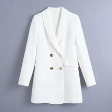 Blazer croisé blanc pour femmes, manteau d'extérieur Chic, Veste Vintage à manches longues avec poches, 2021