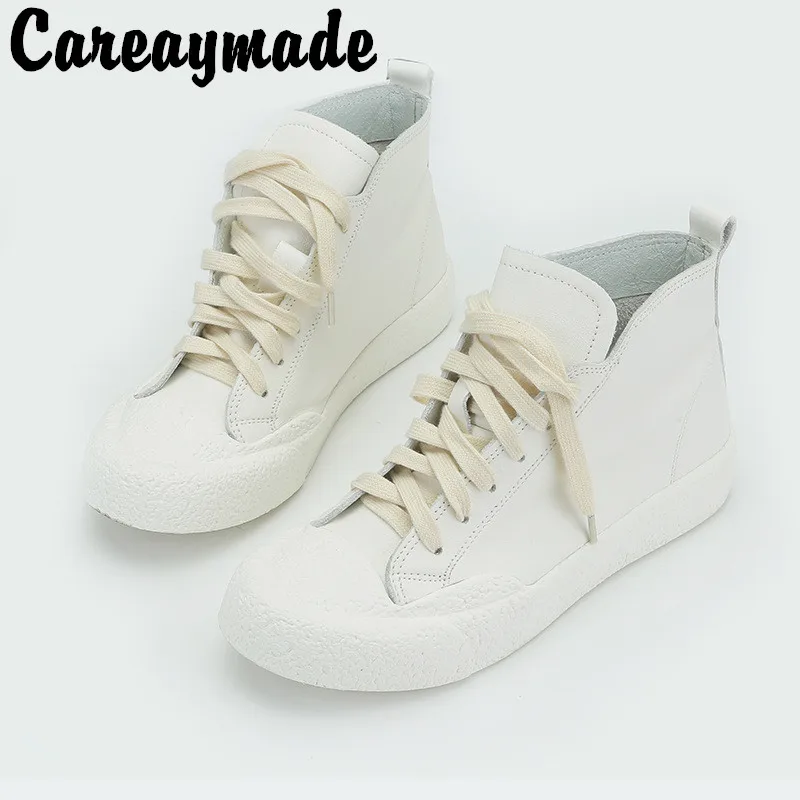 Careaymade-High top Genuine leather short boots Korean small white shoes lace up comfortable women's shoes cowhide single boots