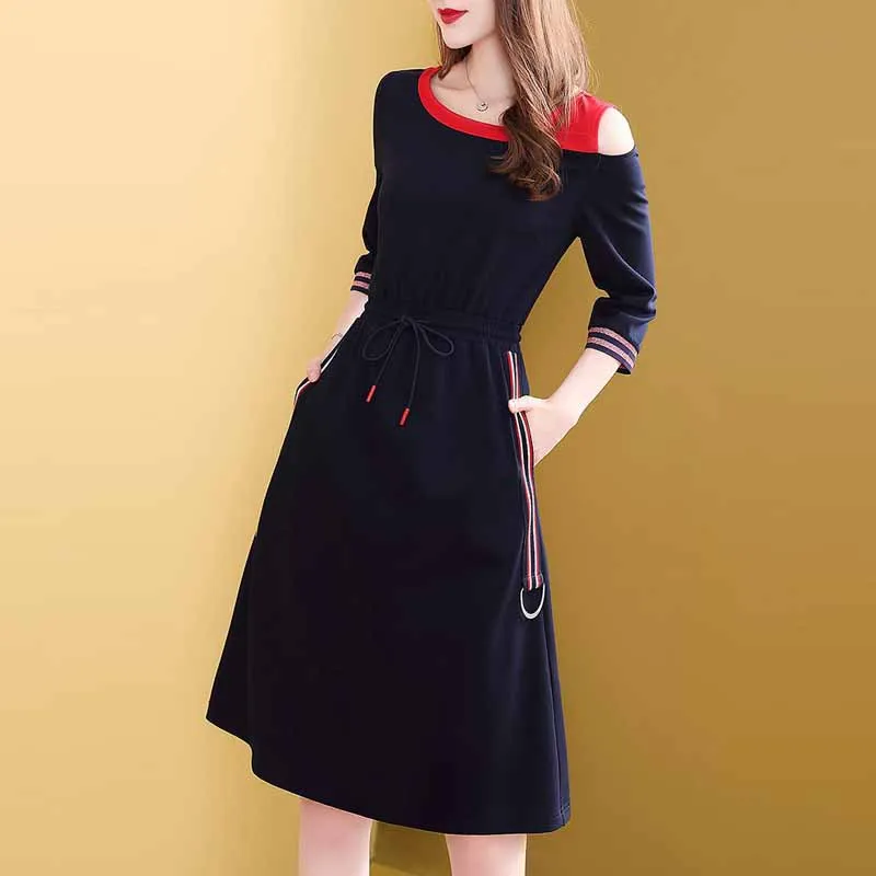 

Autumn off-Shoulder Dress Women's 2019-Lace-up Waist Hugging Slimming Elegant Three-quarter-length Sleeve Medium-length Dress Oz