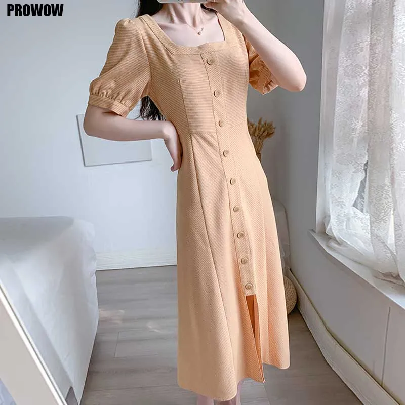 2020 Woman Dress Summer One-Piece Vintage Square Collar Puff Sleeve Plaid Dress Women Korean Elegant Party Holiday Dress Female
