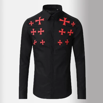 

New Black White Mens Shirts High Quality Long Sleeve Solid Color Male Shirts Cross Printing Slim Fit Mens Dress Shirts 3XL