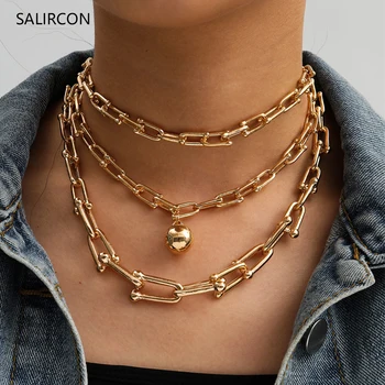 

Salircon 3pcs New Metal Ball Pendant Necklace Collares Goth Multi Layer Gold Color U Shaped Chain Choker Necklace Women Jewelry