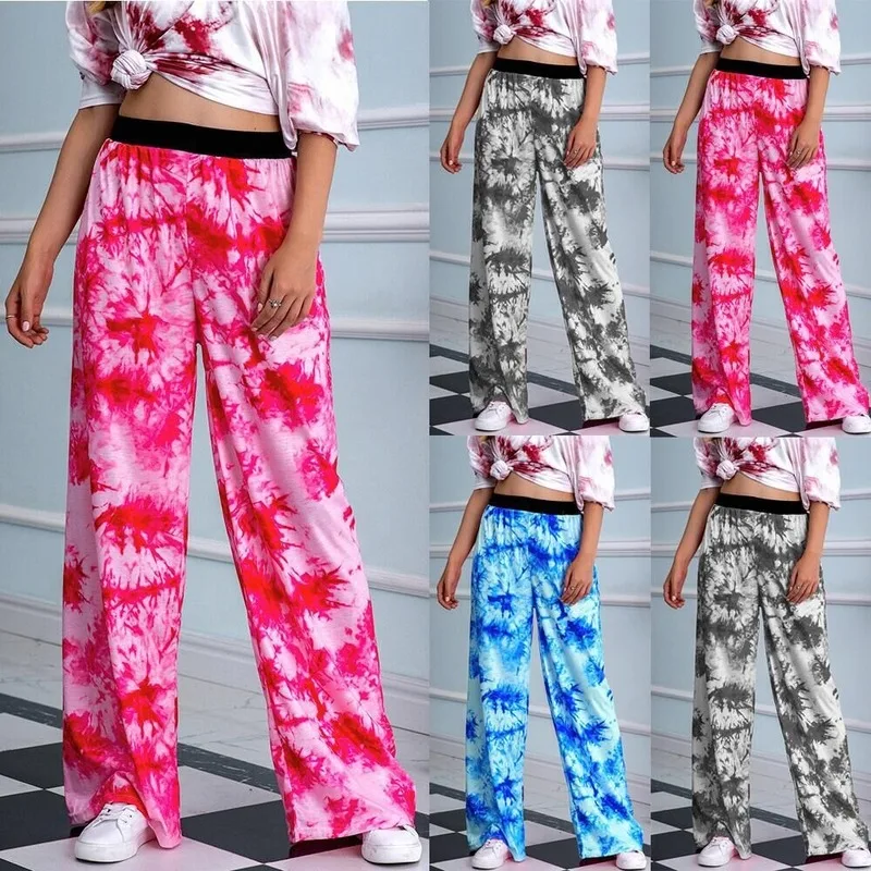 

Spring and Autumn 2020 Amazon Wish European and American tie-dye print elastic waist versatile straight tubecasualwide-leg pants