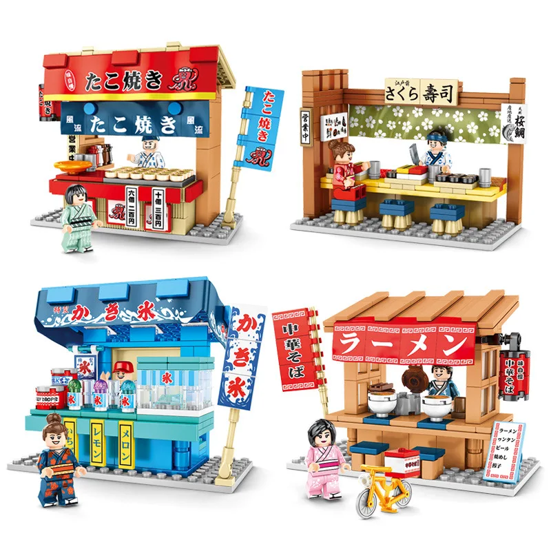 City Retail Shop Building Blocks Japan Food Octopus Sushi Store Bricks Mini Street View Kids Assembly Model Sets Girls Toys Gift
