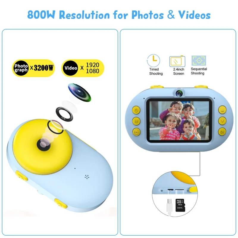 Детская Водонепроницаемая камера s, двойная 8 Мп 1080P супер HD цифровая камера с 2,4 дюймовым ips экраном, ударопрочный корпус, перезаряжаемый