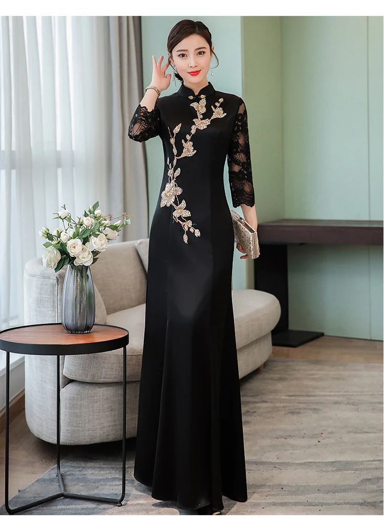 Черный банкет Вечеринка современный Cheongsam стиль леди платья