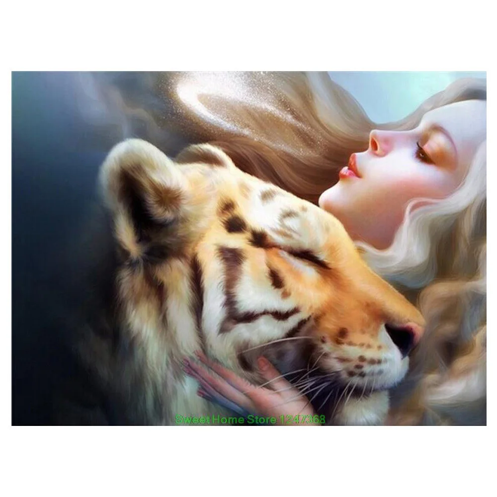 Diamond Painting Full Square Girl With Tiger Animal Embroidery Needlework Diy Kits Mosaic Pattern Beautiful | Дом и сад