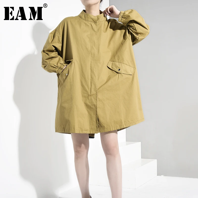 

[EAM] Loose Fit Khaki Big Size Long Jacket New Stand Collar Long Sleeve Women Coat Fashion Tide Autumn Winter 2019 FM0530