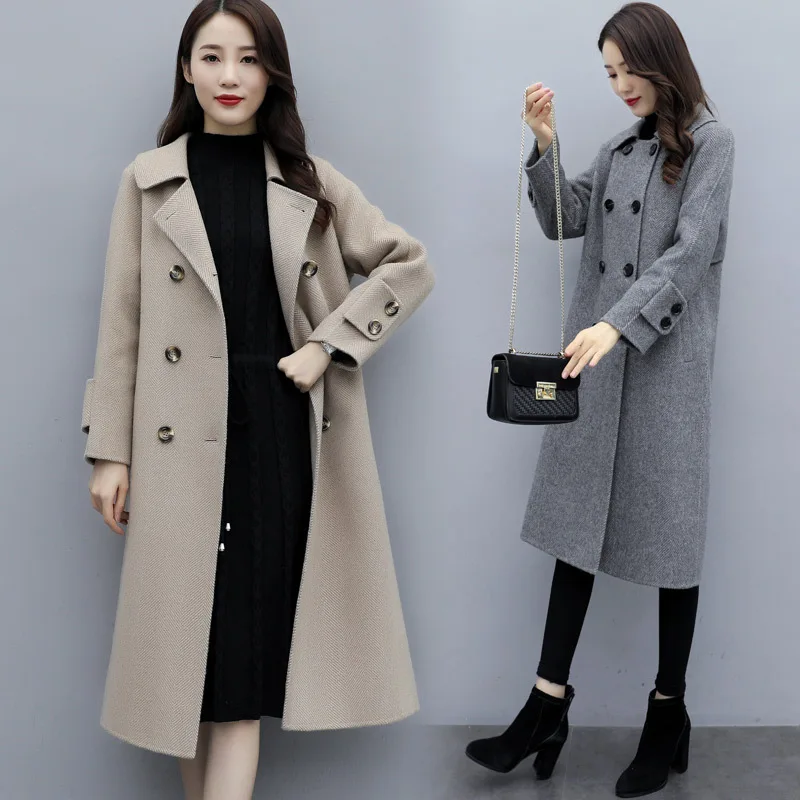 

2019 Autumn Long Sleeve Mid-length Double Breasted Herringbone Woolen Jacket Duffle Coat Women's