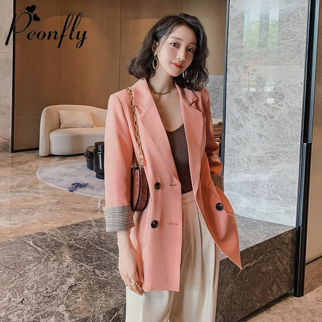 PEONFLY Double Breasted Blazer Women Fashion 2020 Spring Korean Style Jackets Casual Loose Notched Blazer Ladies Pink Black 1