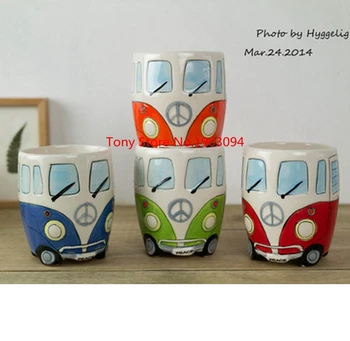 

40pcs/lot Cartoon Double Bus Mugs Hand Painting Retro Ceramic Cup Coffee Milk Tea Mug Drinkware Novetly Gifts