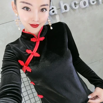 

plus size 3XL!2020 spring autumn vintage velvet t-shirt women slim long sleeve stand collar top tees