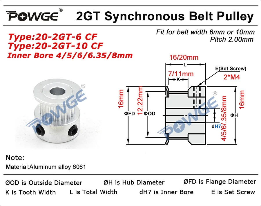 POWGE GT 20 Зубы 2GT 2 м зубчатый шкив Диаметр 4/5/6/6,35/8 мм для 2MGT GT2 синхронного ремня ширина 6/10 мм небольшой зазор 20 Зубы 20т