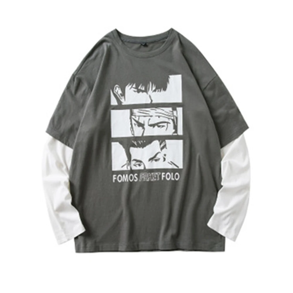 

Long-sleeve Fake Two-piece Fashion Men Women Hong Kong Style Contrast Stitching Loose Top Anime Cartoon Printing T-shirt MTL125