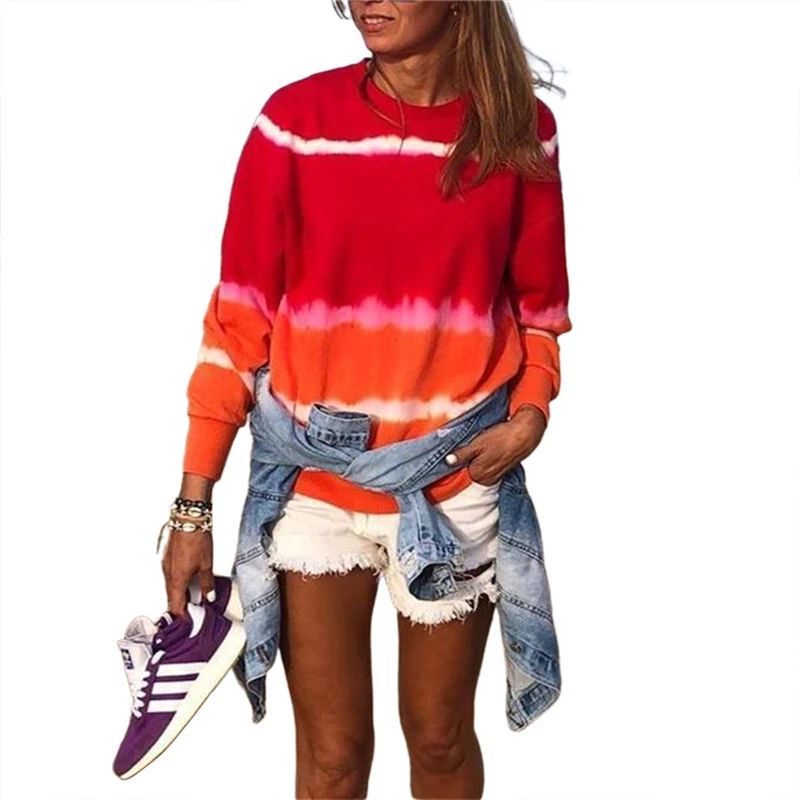 

Autumn Women's Long-sleeved Striped Top, Red Orange Stitching Round Neck Loose T-shirt, Ladies Casual Pullover Shopping Wear