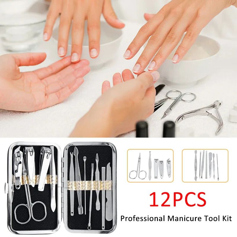 12 шт. машинка для стрижки ногтей из нержавеющей стали, триммер для стрижки ушей, маникюрный набор очиститель для педикюра ножницы для кутикулы, комплект инструментов для маникюра