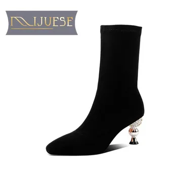 

MLJUESE 2021 women Mid-Calf boots Flock Winter short plush Square Toe Zipper High heels female boots size 39