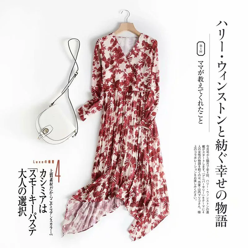 

F6229-Western Style WOMEN'S Dress 2019 Summer New Style V-neck Safflower Printed Irregular Pleated Dress