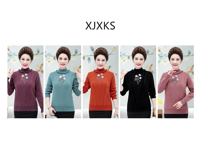 XJXKS Women winter sweater new exquisite embroidery plus size cashmere knit turtleneck sweater women pullover