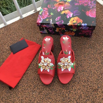 

2020 New Arrivals Women Fashion Slippers High Heels Sandals Slides Square Toe Slip On Square Toe shoes Woman Summer Slides slip