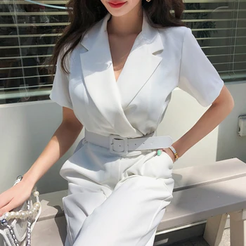 

Office Ladies Notched Collar Short Sleeve Sashes Women Jumpsuit Elegant Work Business Wide Leg Pant White Jumpsuits Female 2019