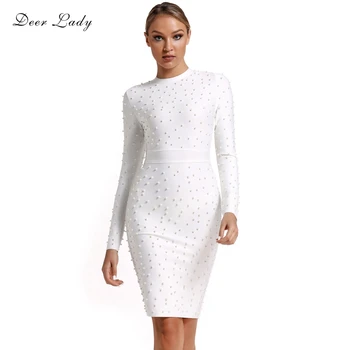 

Deer Lady Luxury Bandage Dress 2019 New Arrivals Autumn Beaded Bandage Dress Long Sleeve Women White Sexy Bodycon Dress Mini