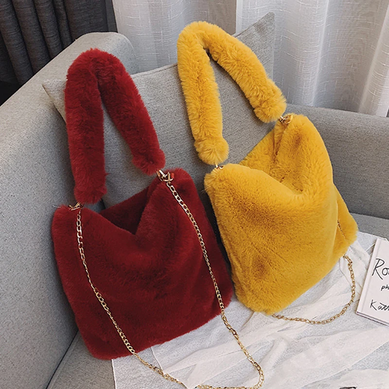 

Зимняя Сумка-тоут женская однотонная Повседневная Мягкая Плюшевая Сумка Большая вместительная сумка через плечо с цепочкой ZD1935