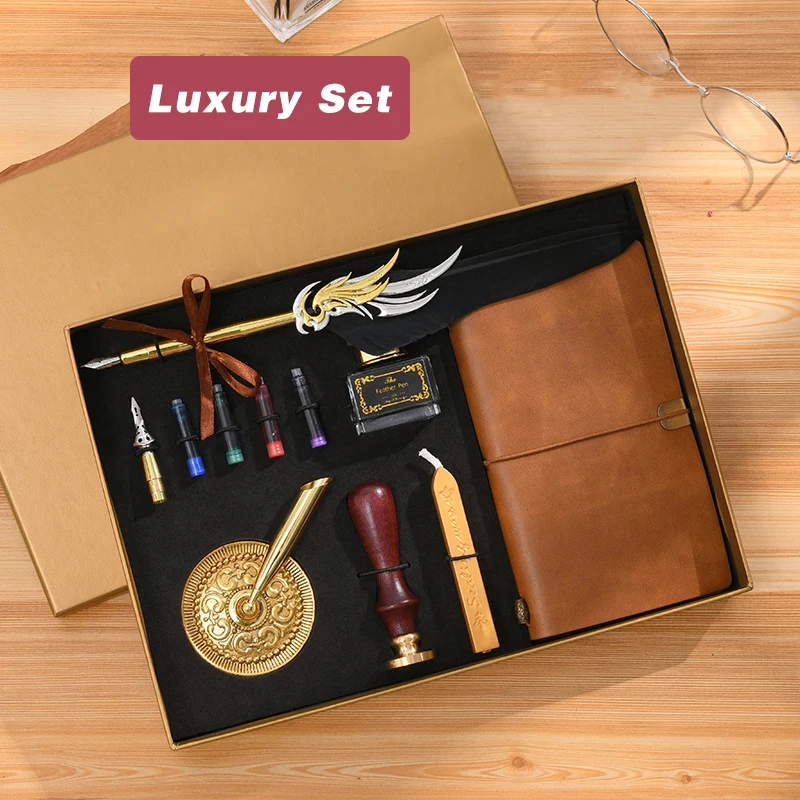 Elegant Thin Quill Pen with Ink 2 colours Wax Seal Stamp Set  Calligraphy Gift Set  3 Wax Candles Included