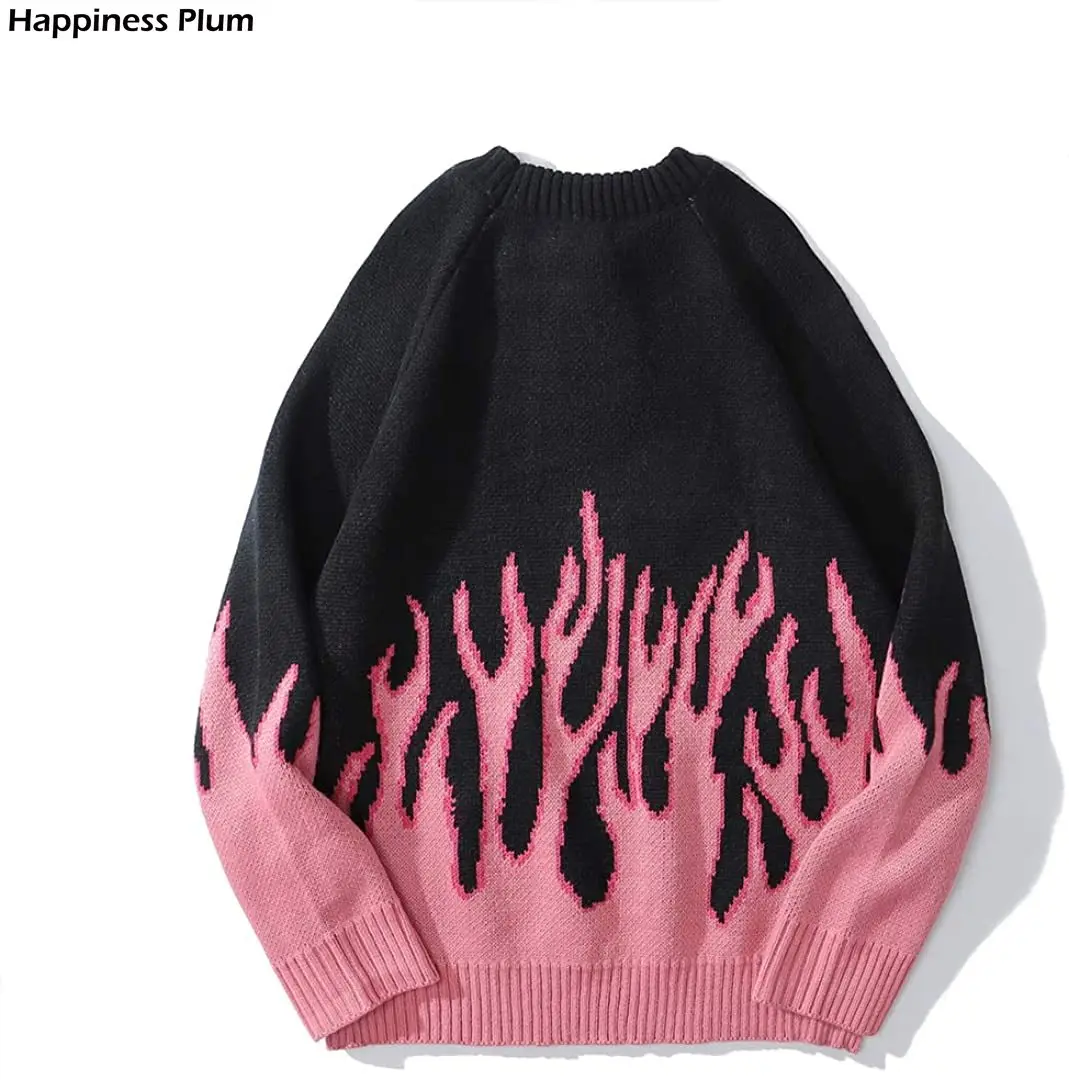 Pullover Sweater Flame-Knitted Streetwear Harajuku Retro Pink Casual New Tops Hip-Hop