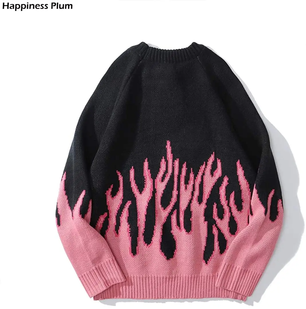 Men's Sweaters Streetwear Retro Women Pink Flame Knitted Pullover Sweater Tops Hip Hop New Pull Over Casual Harajuku Sweatshirts