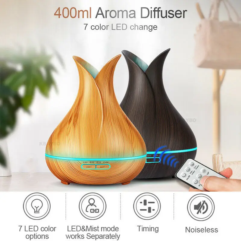 

Ultrasonic Air Humidifier 400ml Aroma Essential Oil Diffuser with Wood Grain 7 Color Changing LED Lights for Office Home
