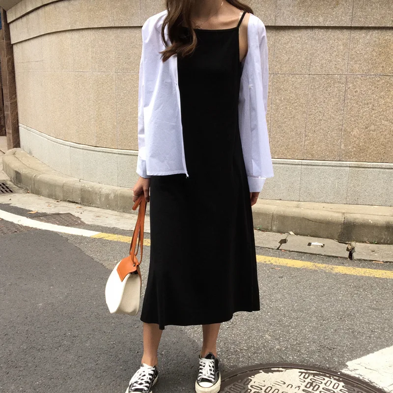 

Korean Style Horizontal Neck Off-shoulder Black And White with Pattern Base Strapped Dress over-the-Knee Long Skirts