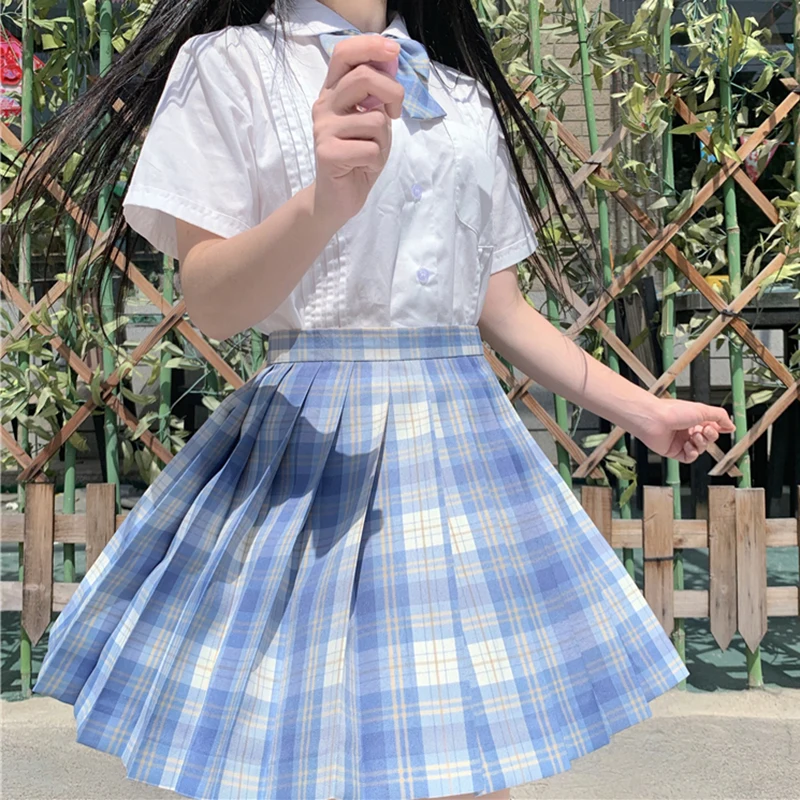 

Japanese College Wind JK Uniforms Short Sleeve Students White Shirt High-Waisted Plaid Pleated Skirt Piece Female Summer