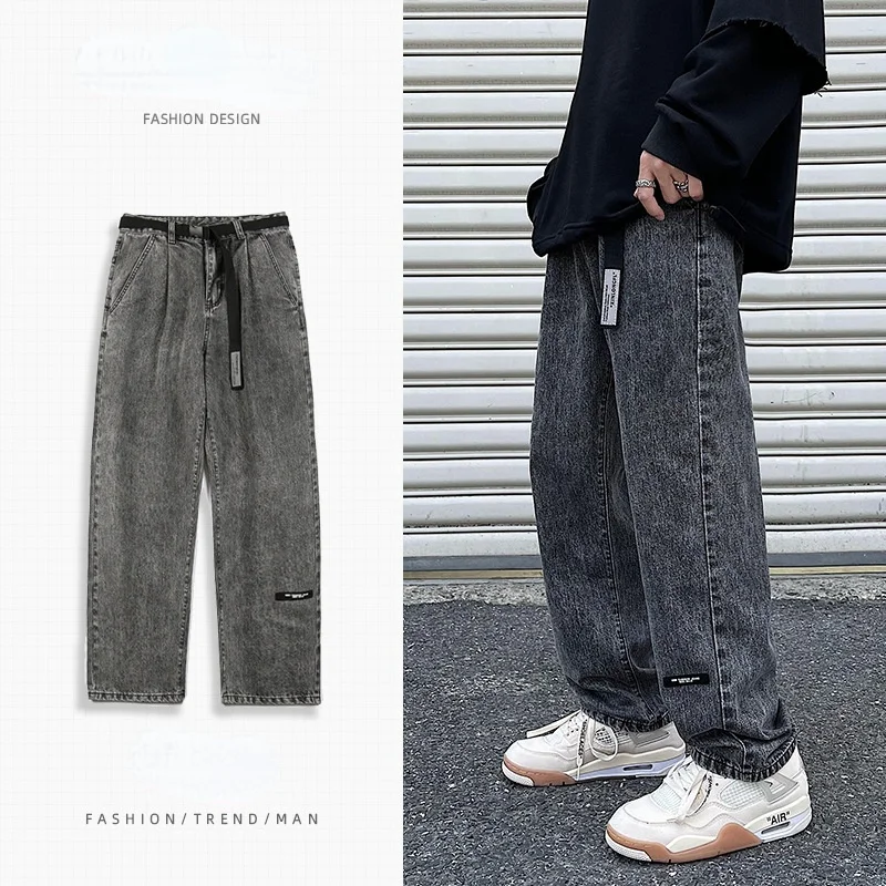 Vintage Men's Jeans Black Washed Straight Pants Korean Streetwear Clothes Fashion Casual Male Oversize Hip Hop Wide Leg Trousers 1