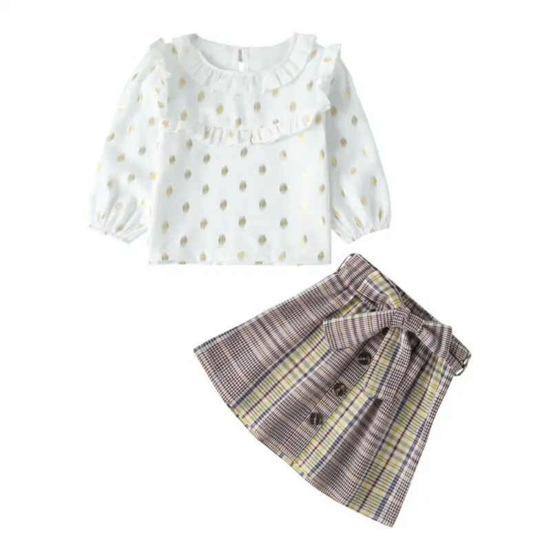 

2020 Princess Baby Girl Toddler Kids Outfit Clothes Sets Polka Dot Print Ruffle T Shirt Plaid Mini Skirts Set 2PCS