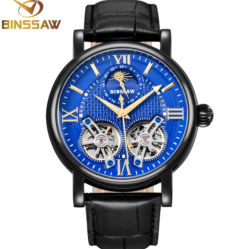 

BINSSAW Double Tourbillon Automatic Mechanical Men Steel Watch Fashion Luxury Brand Leather Business Watches Relogio Masculino