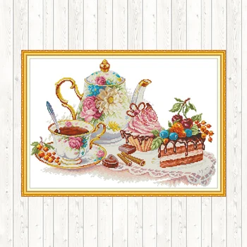 

Afternoon Tea Cross Stitch Fabric Aida Canvas 14ct 11ct Printed Canvas DMC Cotton Thread Embroidery Cross Stitch Kit DIY Crafts