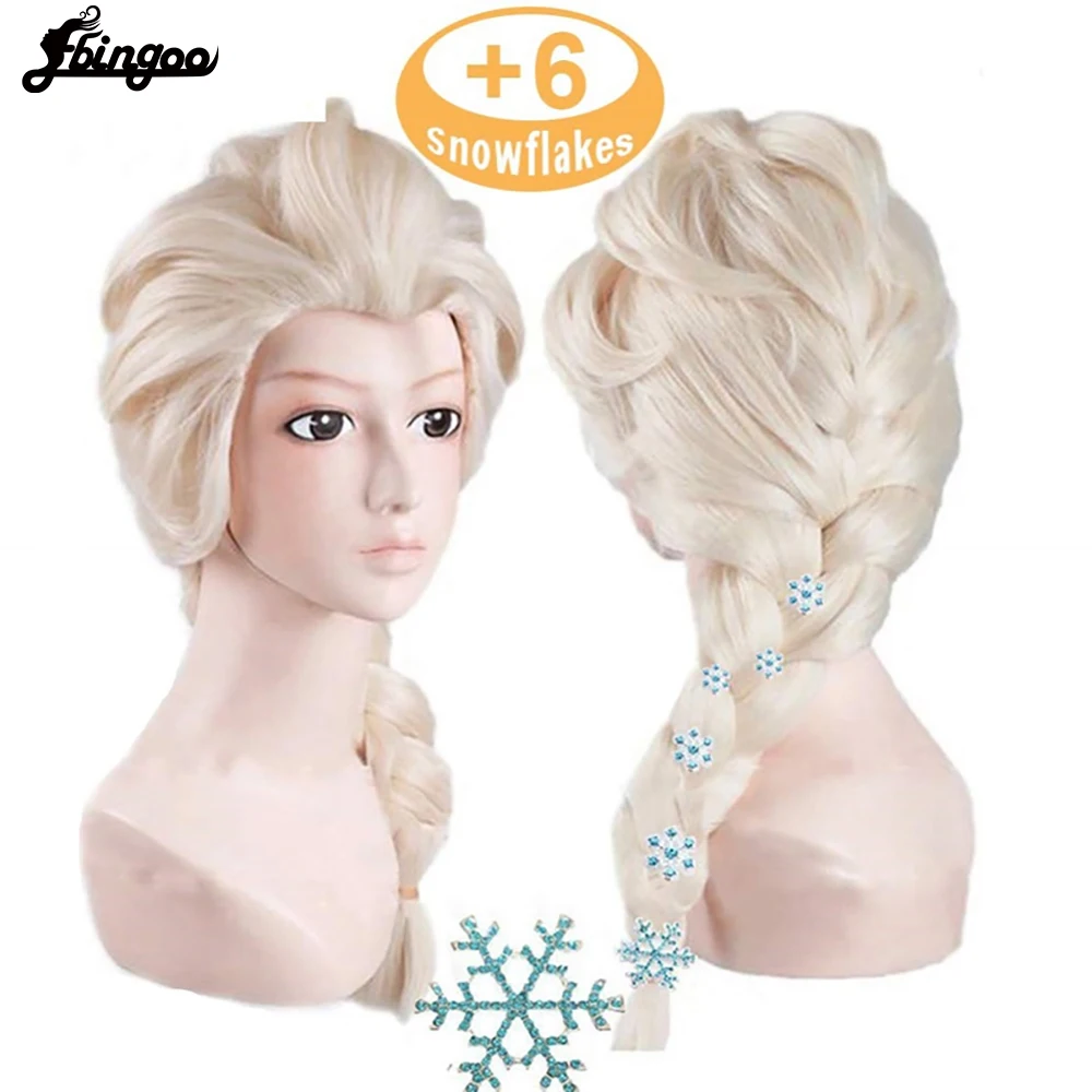 Ebingoo Braided Elsa Princess Cosplay Wig Blonde Synthetic Role Play Wig for Kids Halloween Costume Cosplay+6 Snowflake Hairpins