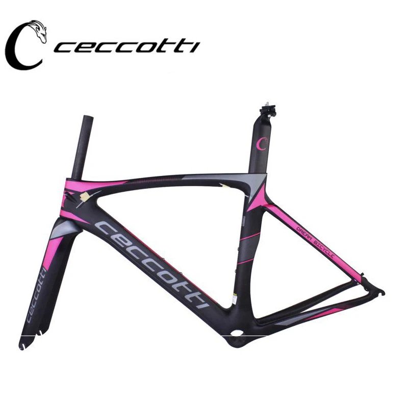 Розовый Карбоновая рама для шоссейного велосипеда CECCOTTI C09-1, красная карбоновая рама Toray T1000, карбоновая рама для велосипеда, руль, вилка, подседельный штырь PF30 - Цвет: Розовый