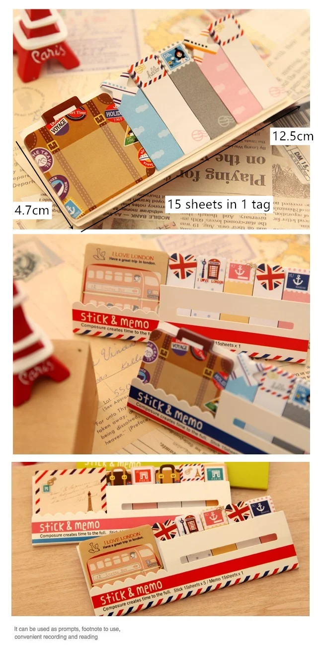 4pcs Vintage stick& memo sheets sticker Travel London bus Paris tower Post paper note it marker Stationery office School A6511