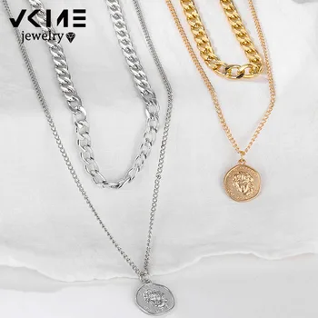 

VKME Multi-layered portrait thick chain necklace For Women Fashion Choker Sweater Necklace Party Jewelry Gift