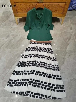 

High Quality Skirt Suits 2020 Spring Summer Work Set Women Green Tops Shirt+Geometric Print Mid-Calf Length Skirt Sets Female