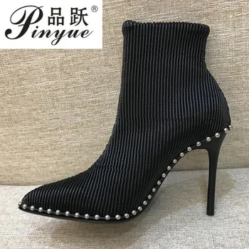 

Women Knitted Sock Boots 8cm Stiletto High Heels Ankle Boots for Women Fur Winter Boots Plus Size 40 Women Winter Shoes
